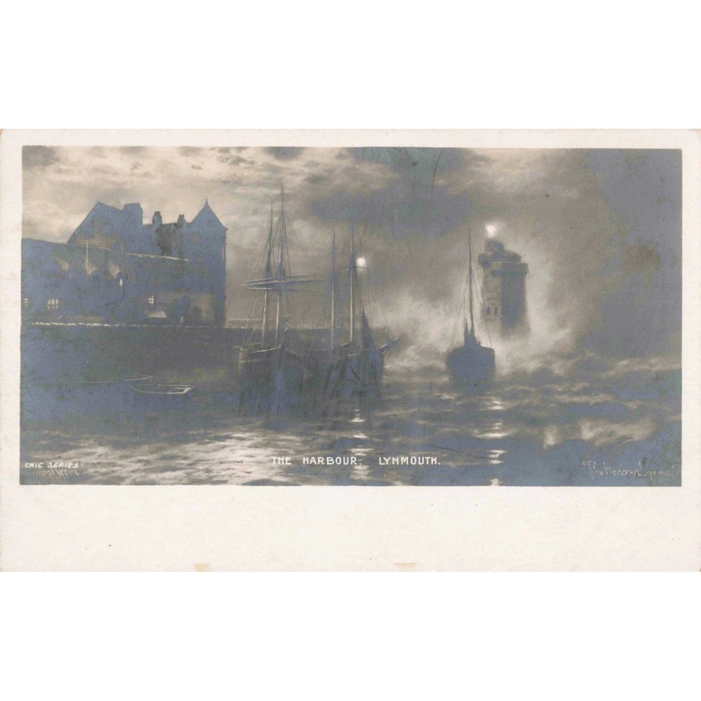 Lynmouth Devon England UK The Harbour Night Ships Tower Chic Series Vtg Postcard